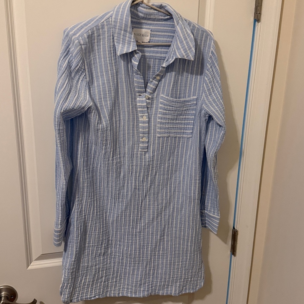 Alice Walk Blue White Striped Organic Cotton Gauze Tunic Shirt Dress Size S - Picture 3 of 6